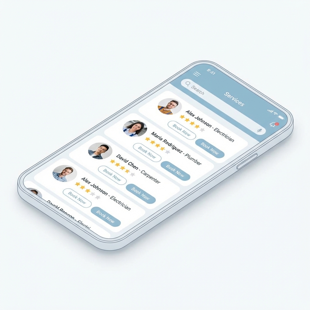 modern mobile application interface mockup on white background showing a list of service professionals, clean ui, isometric view