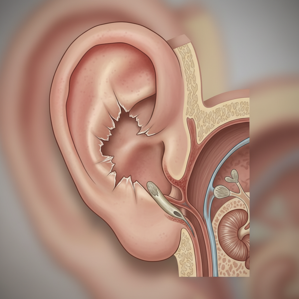 Medical illustration of an ear drum perforation clearly visible, realistic medical style, no text, no labels, no warning signs