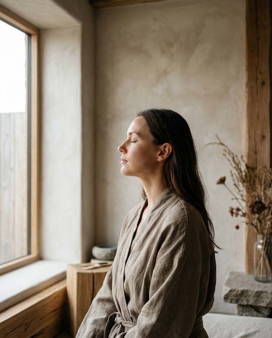 Side profile of a woman in a minimalist room, eyes closed, appearing deeply relieved and calm. High-end spa aesthetic, soft natural lighting, muted earth tones.