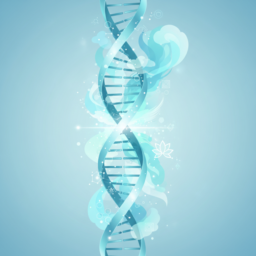 Conceptual illustration showing the dual nature of health: one side biological DNA structure, other side peaceful abstract mental wellbeing thoughts, light blue and teal color palette