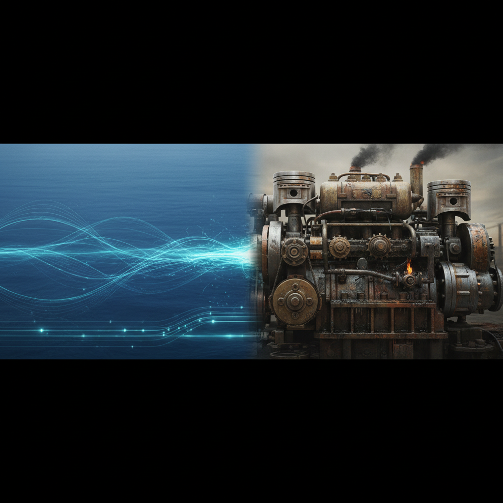 Split screen concept art: left side calm blue water electric current, right side industrial diesel engine machinery.