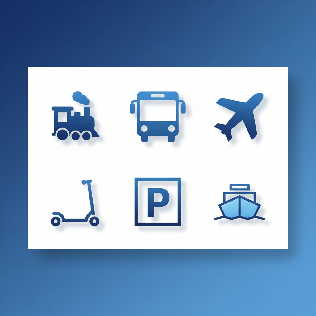 Set of modern flat icons arranged in a grid: Train, Bus, Airplane, Scooter, Parking P, Ferry. Minimal corporate style in blue tones.