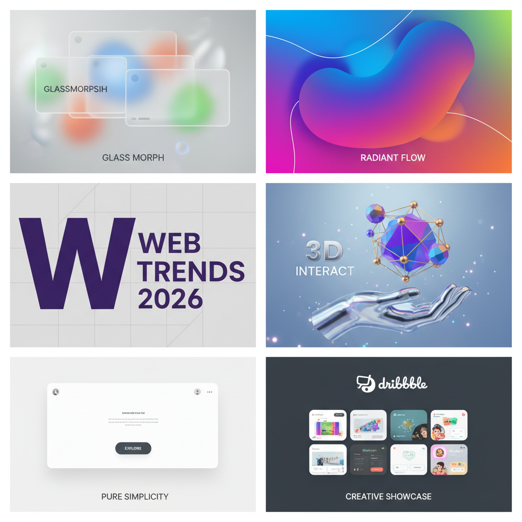 collage of modern 2026 web design trends, glassmorphism, bright gradients, oversized typography, 3d elements, minimalist UI, dribbble trends