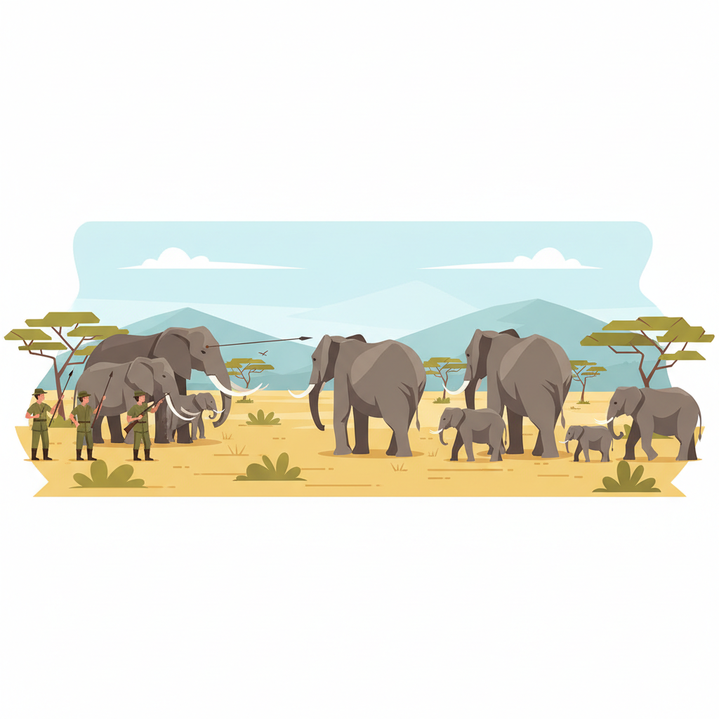 diagram illustration showing diverse elephant group, hunters pointing at tusked ones, tuskless ones walking away surviving, vector flat style
