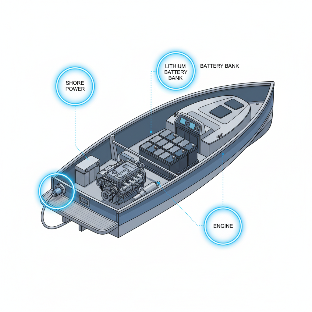 Technical illustration of a boat with three power sources highlighted: shore plug, battery bank, diesel engine. Isometric view, white background.