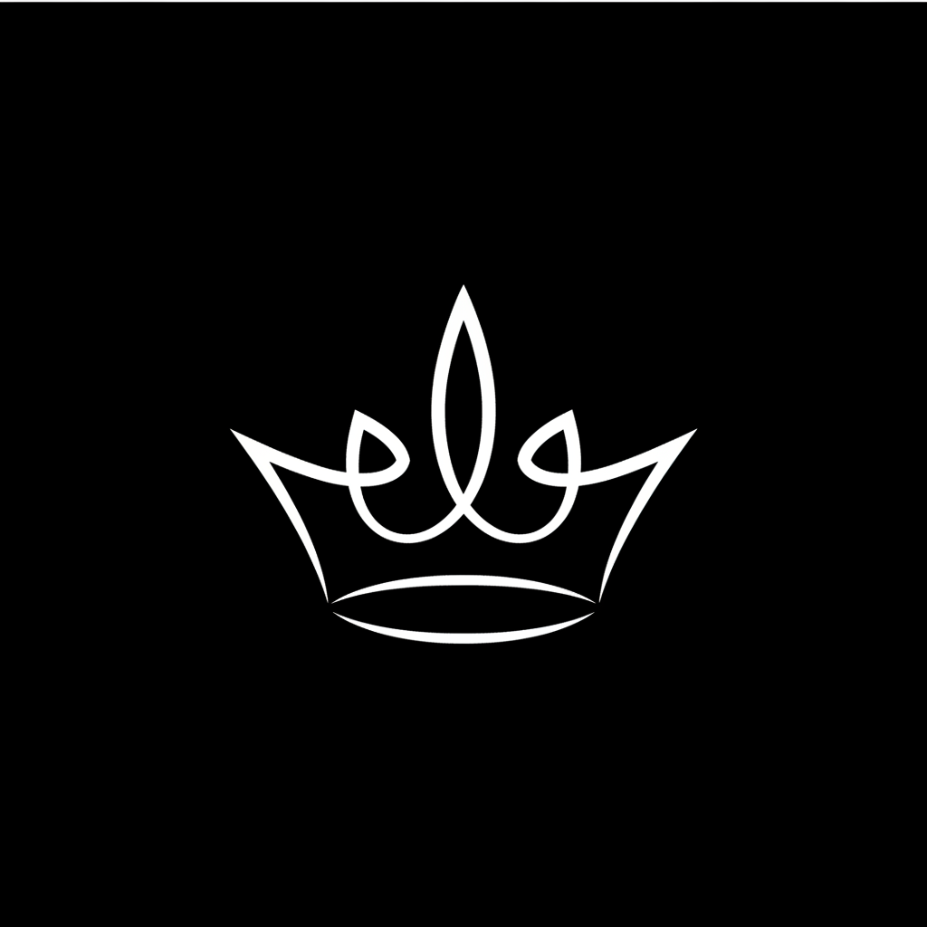 minimalist white line art of a stylized crown or royal motif, abstract, single continuous line, white on black background