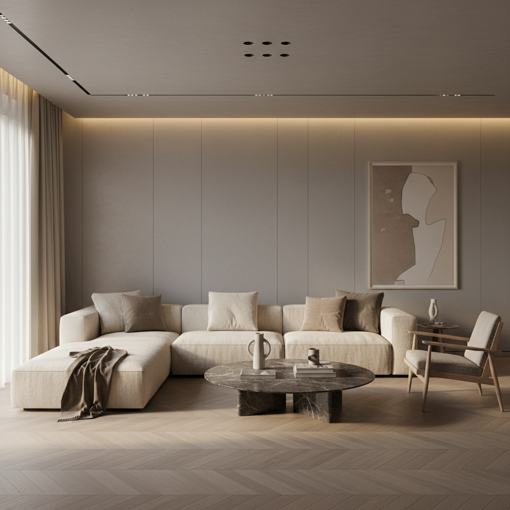 High end italian luxury living room with B&B Italia sofa, neutral tones, stone grey walls, warm lighting, editorial architectural photography