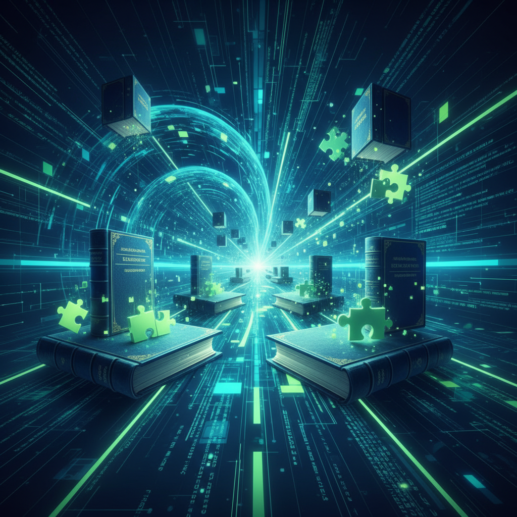 Abstract digital landscape merging education books with futuristic software code and puzzle pieces, deep blue and emerald green palette, cinematic lighting, elegant style