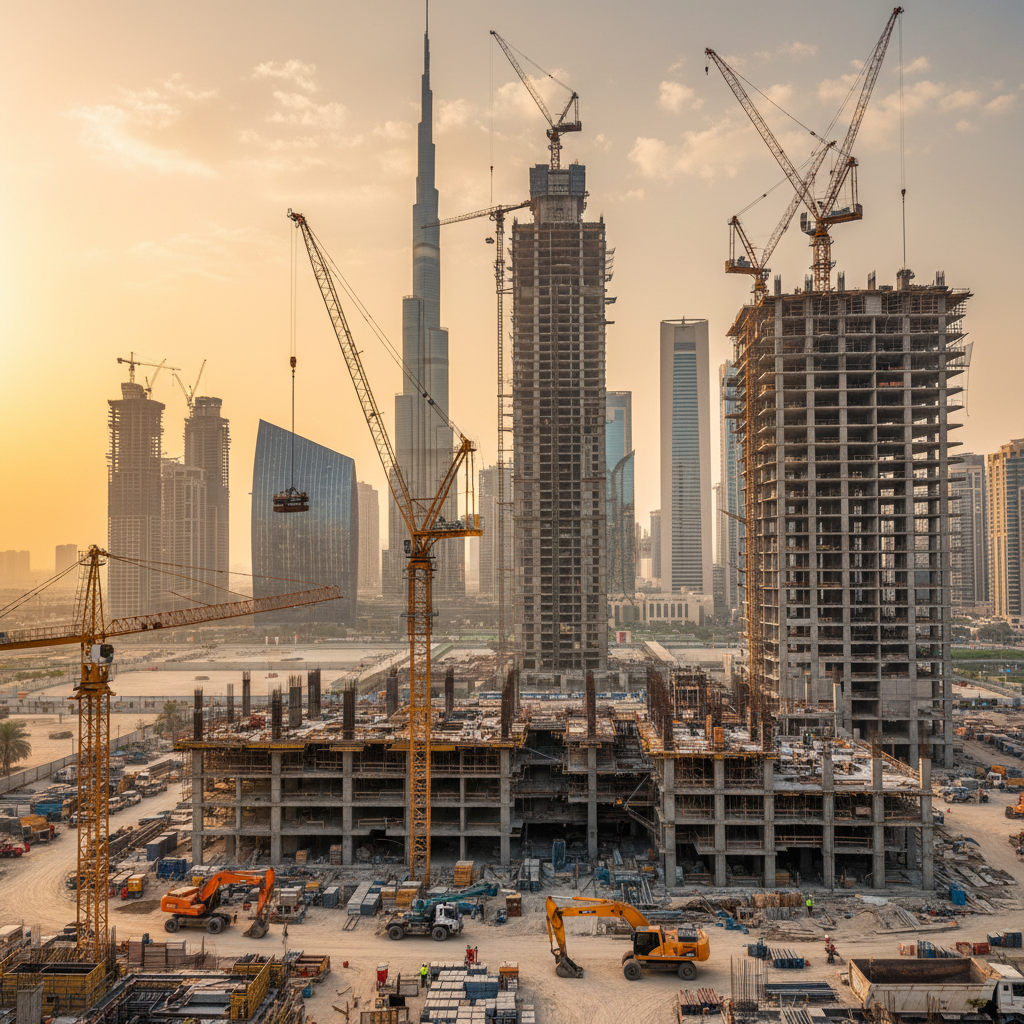 Construction skyline in Dubai or Riyadh with cranes and heavy machinery