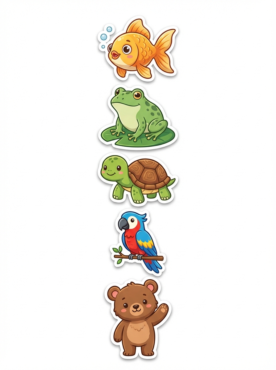 collage of cute cartoon animals: a gold fish, a green frog, a turtle, a parrot, and a bear, white background, sticker style
