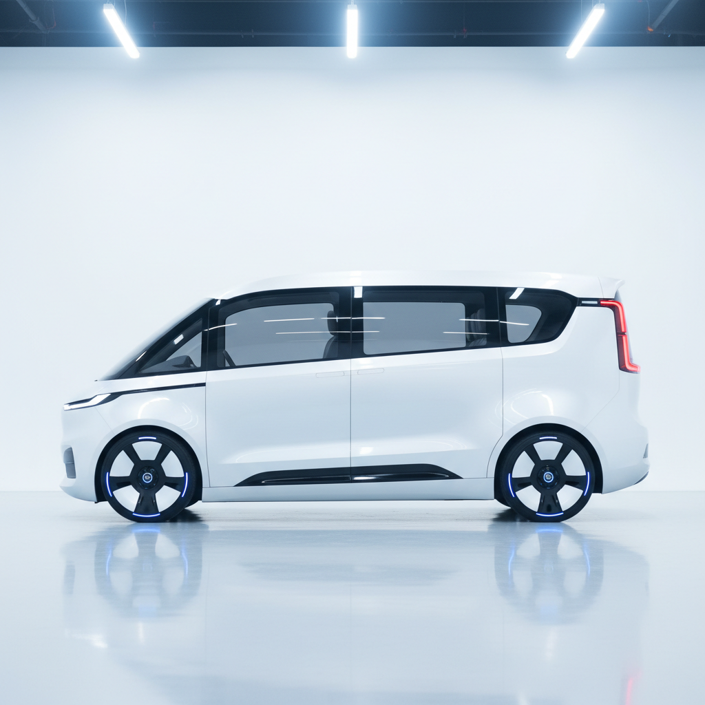 White modern electric delivery van studio shot, side view, clean background, high tech lighting