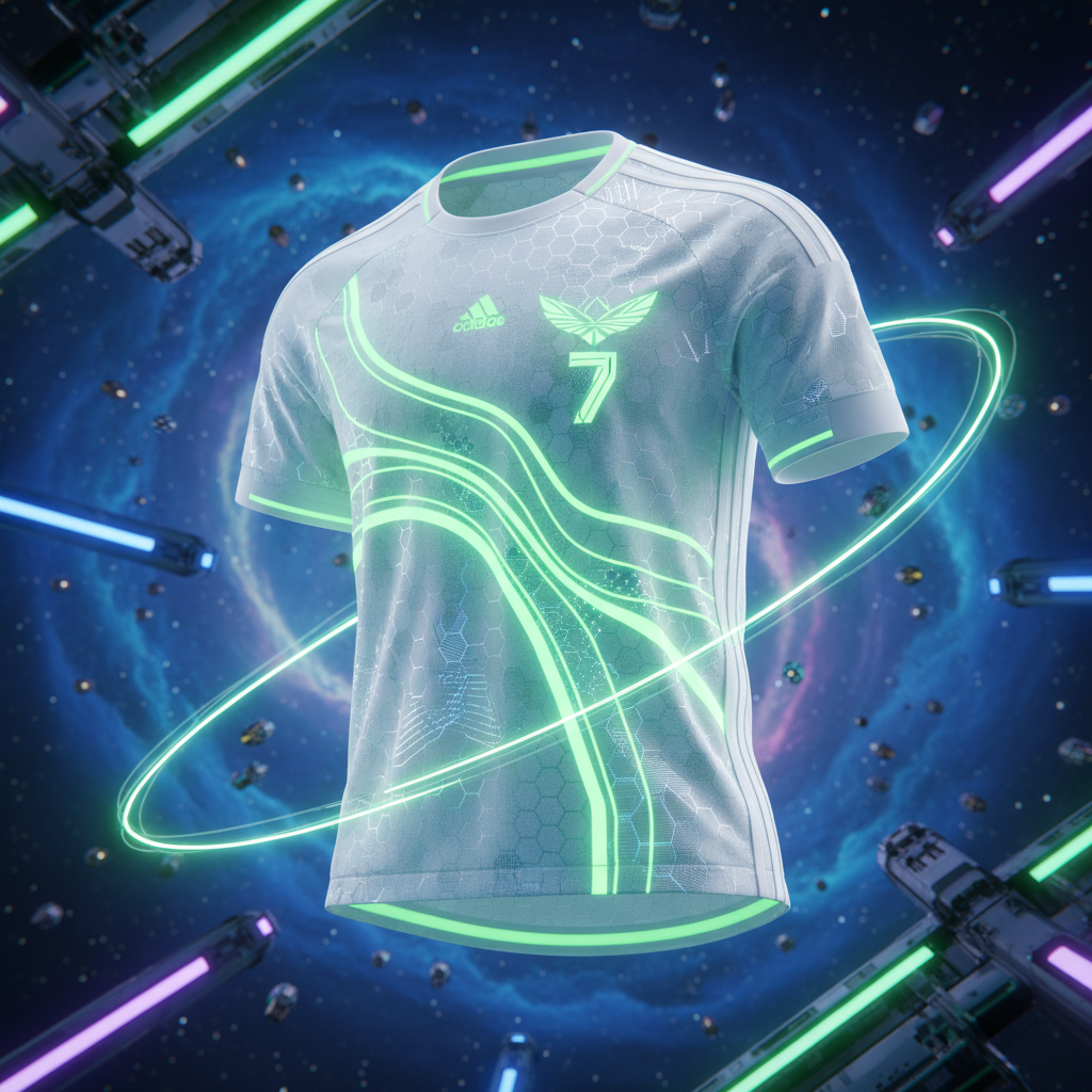 futuristic soccer jersey design green and white, floating in zero gravity, neon lighting, high tech fabric texture, 4k render
