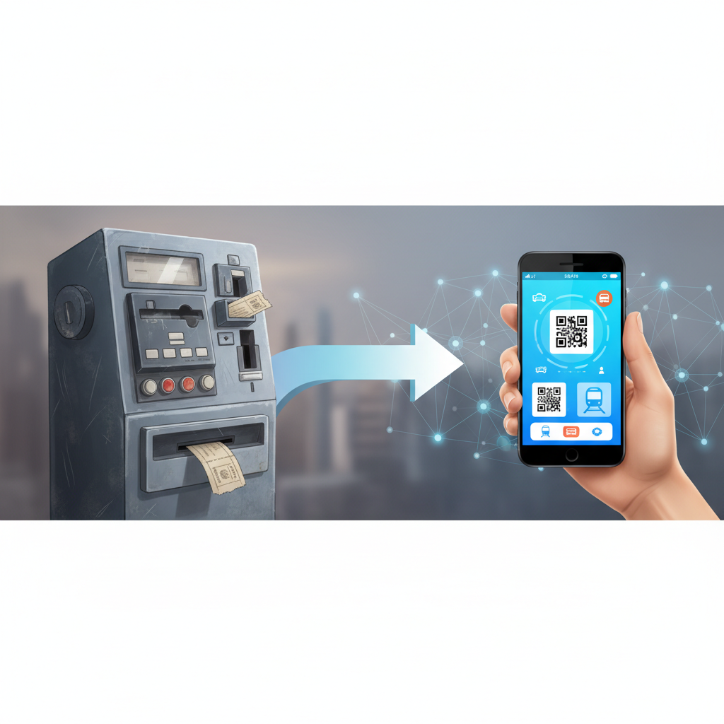 Illustration comparing an old heavy ticket machine (grey/dusty) versus a vibrant smartphone hand (bright/clean), symbolized with an equals sign or an arrow of progress.