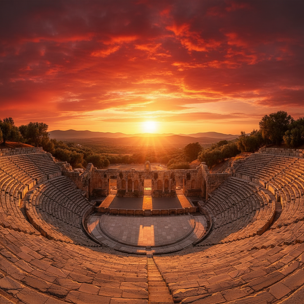 Classical ancient Greek theatre amphitheatre at sunset with a dramatic lighting, wide angle, cinematic, deep red and gold tones
