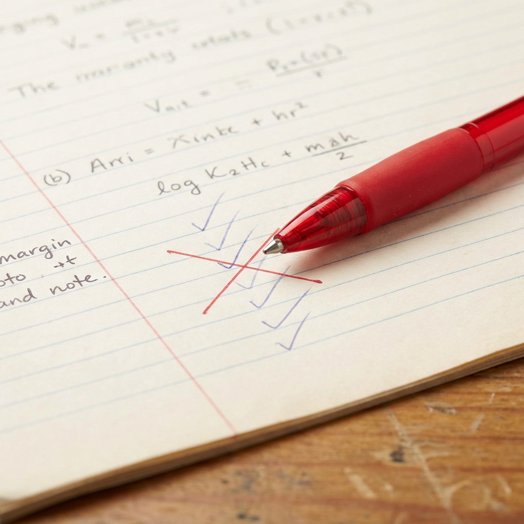 A red pen correcting check marks on a paper, academic style