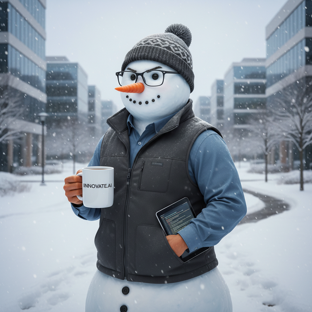A snowman wearing a fleece vest and glasses, holding a coffee cup, looking like a tech startup employee, snowy corporate campus background