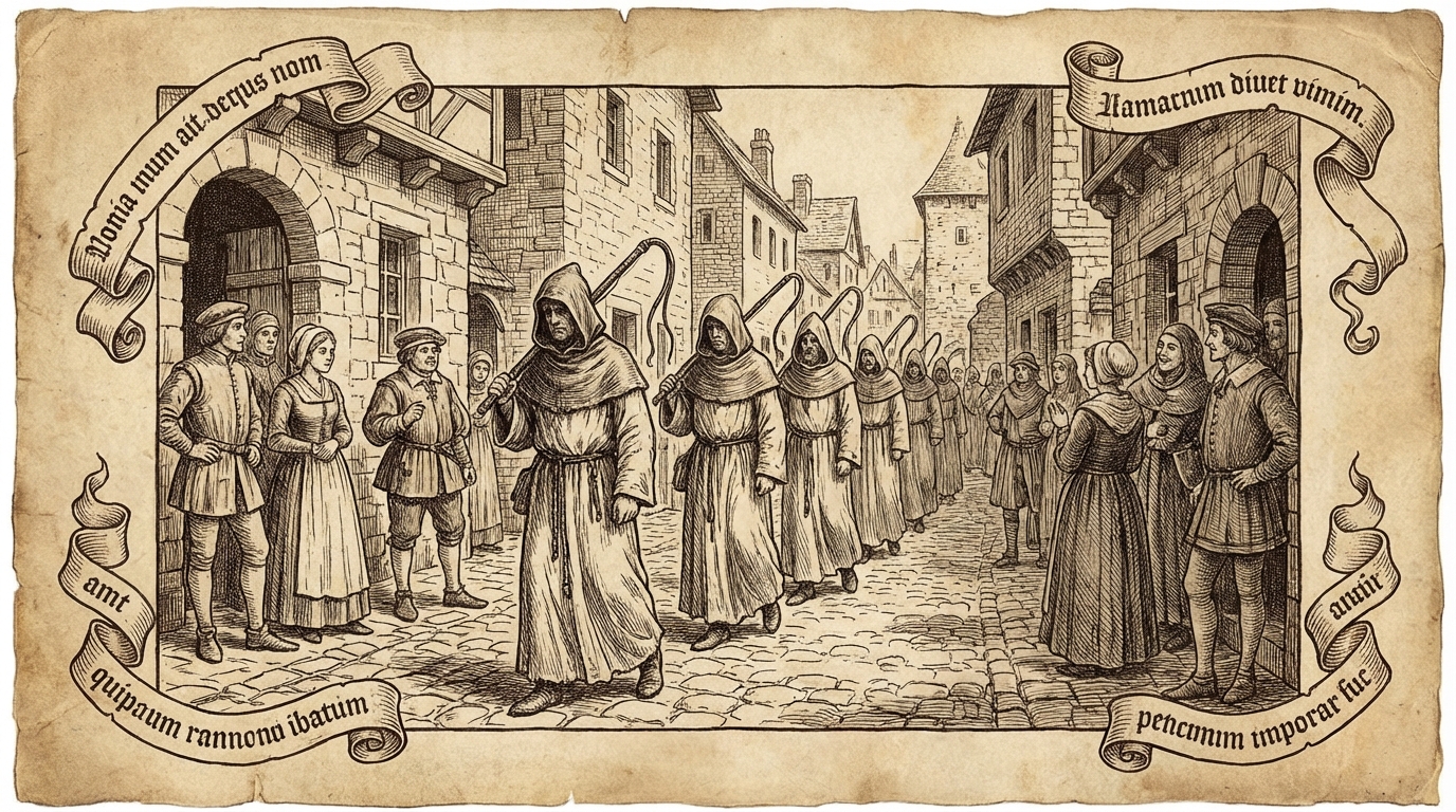 Medieval manuscript illustration of flagellants processing through a town, historical etching style