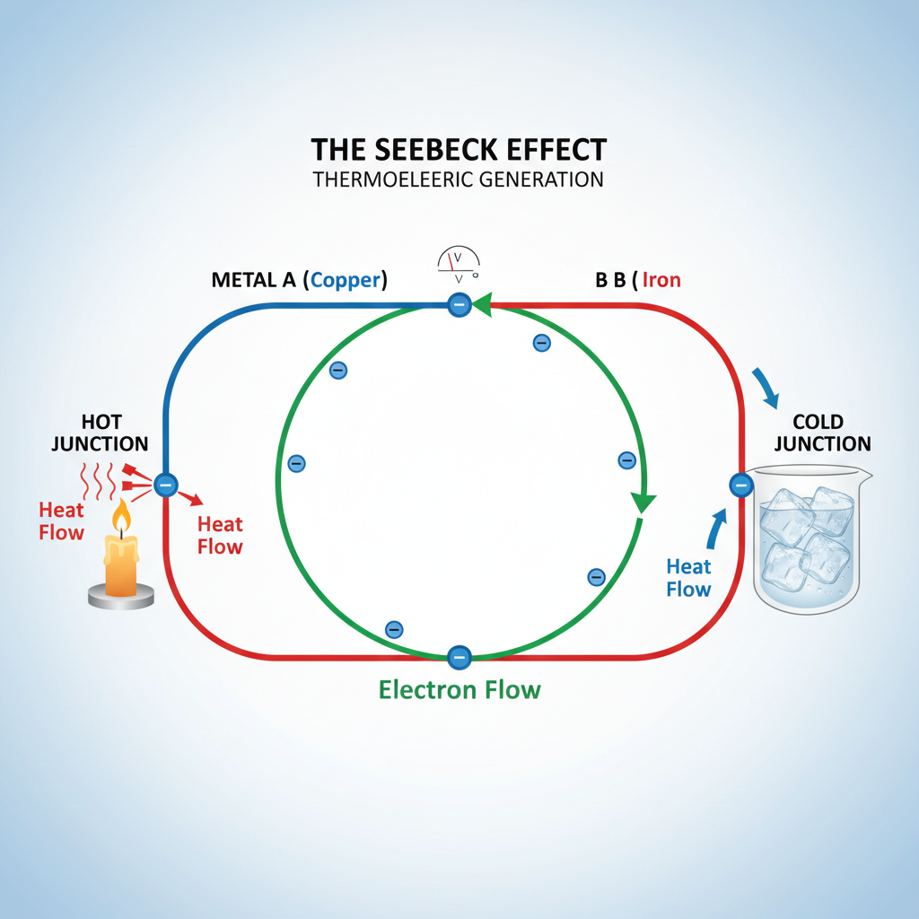 Diagram illustrating the Seebeck effect, loop of two different metals, one junction hot candle one junction ice cold, electron flow arrows, scientific educational diagram