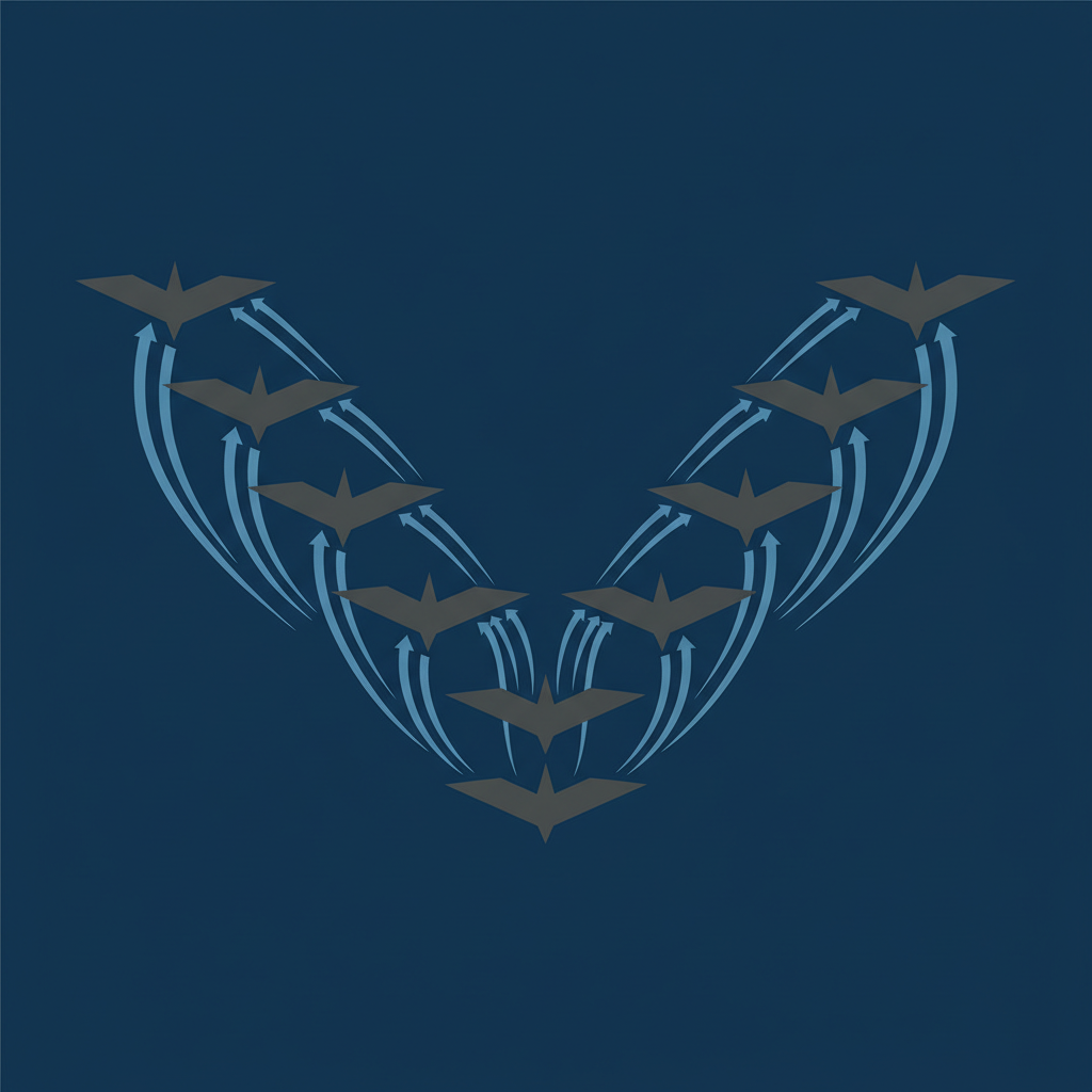 schematic vector illustration of V-shape bird flock showing aerodynamic lines, educational simplicity, dark blue background