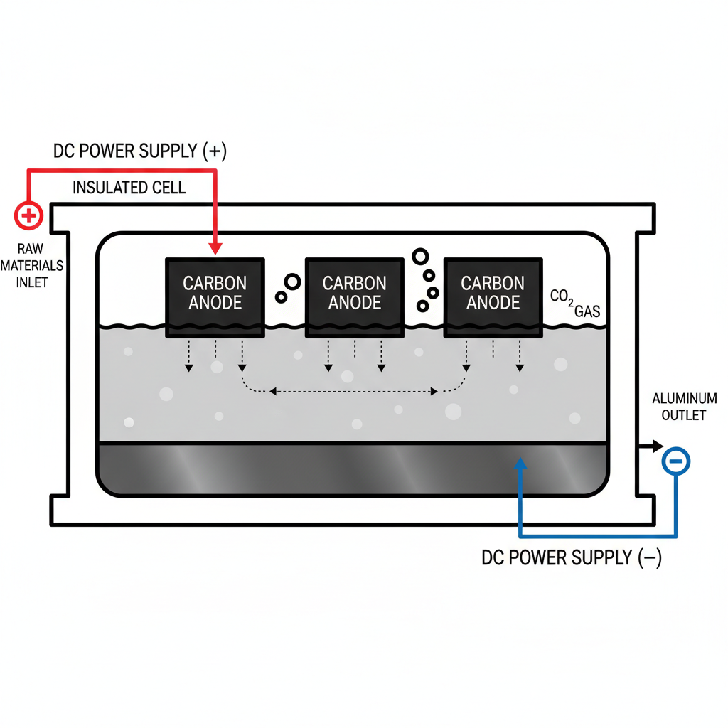 scientific diagram of electrolysis cell, cross section showing molten aluminum layer at bottom and carbon anodes dipping from top, technical schematic style, vector look
