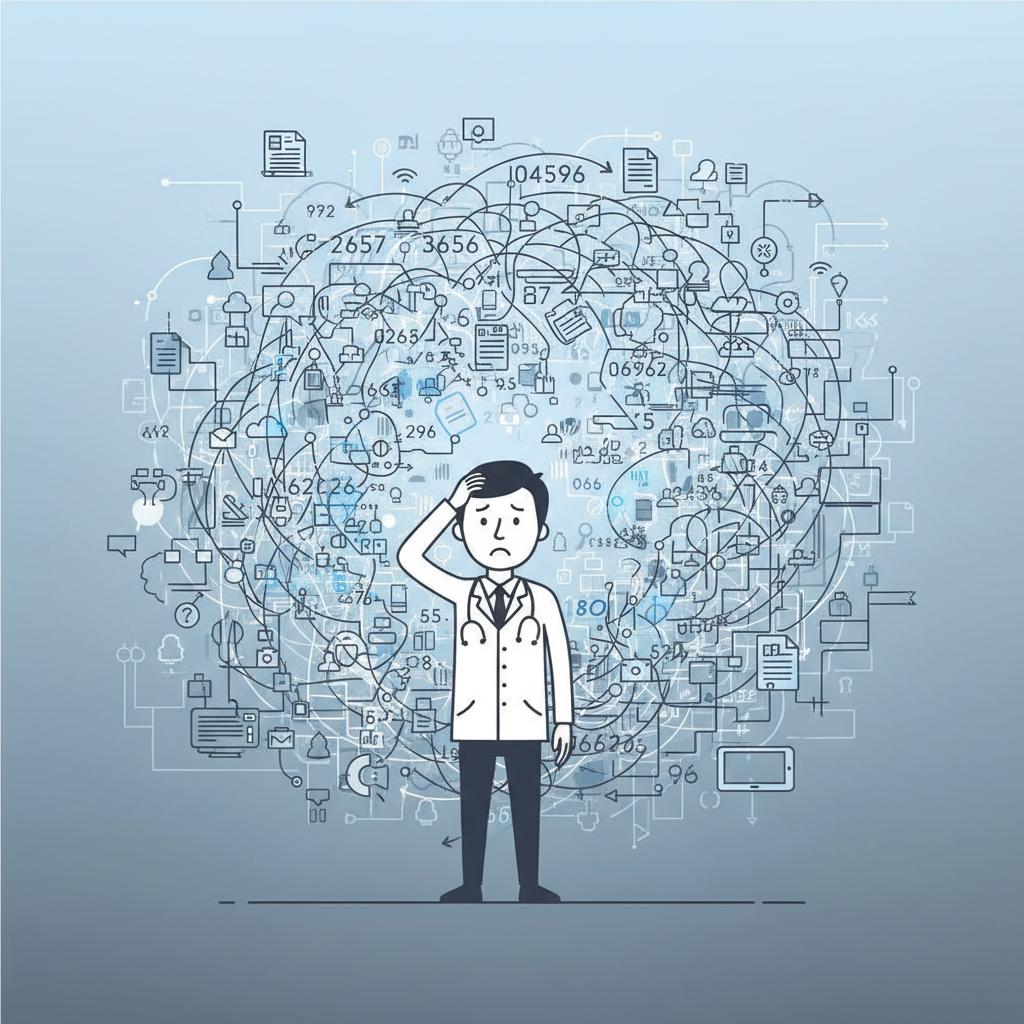 conceptual illustration of a stressed doctor looking at a complex messy web of floating numbers and codes, confusing administrative maze, clean vector style, blue and grey tones