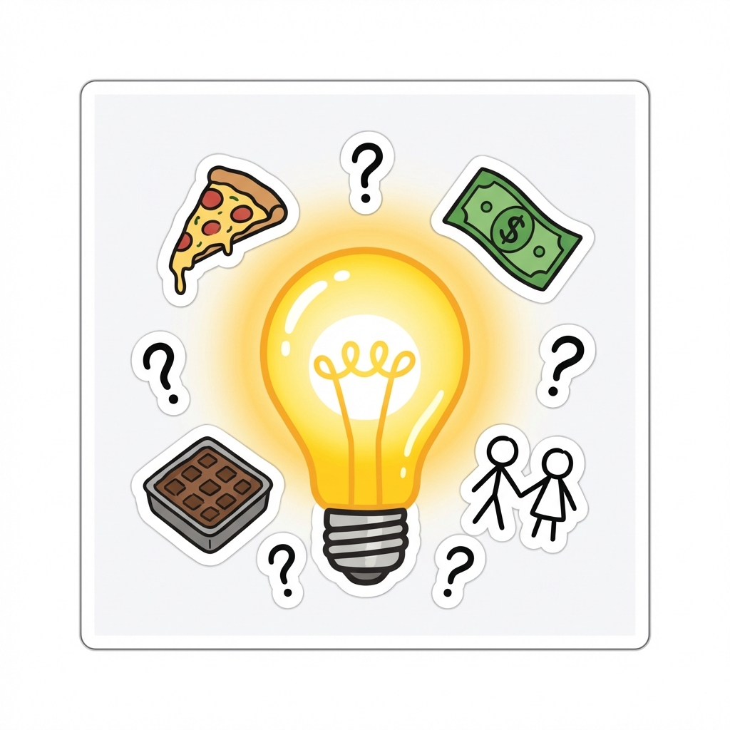 central glowing lightbulb, surrounded by small floating doodle icons: pizza slice, dollar bill, brownie pan, stick figures, question marks, bright yellow glow, sticker art style