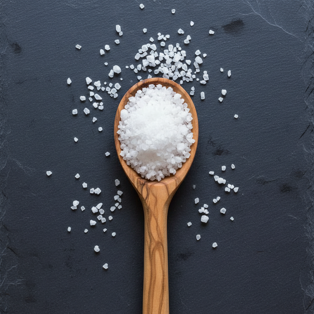 Top down shot of a wooden spoon with white sea salt, spilled salt grains on dark slate stone table, high quality food photography