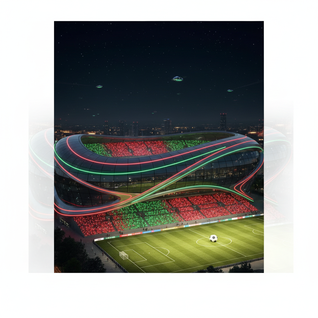 futuristic soccer stadium at night with red and green neon lights, Morocco flag colors, glowing crowd, sleek architectural design