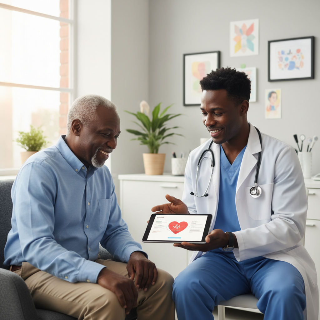A friendly Black male doctor showing a digital tablet screen to an elderly Black male patient in a clinic, both smiling, warm compassionate atmosphere, photorealistic, 8k