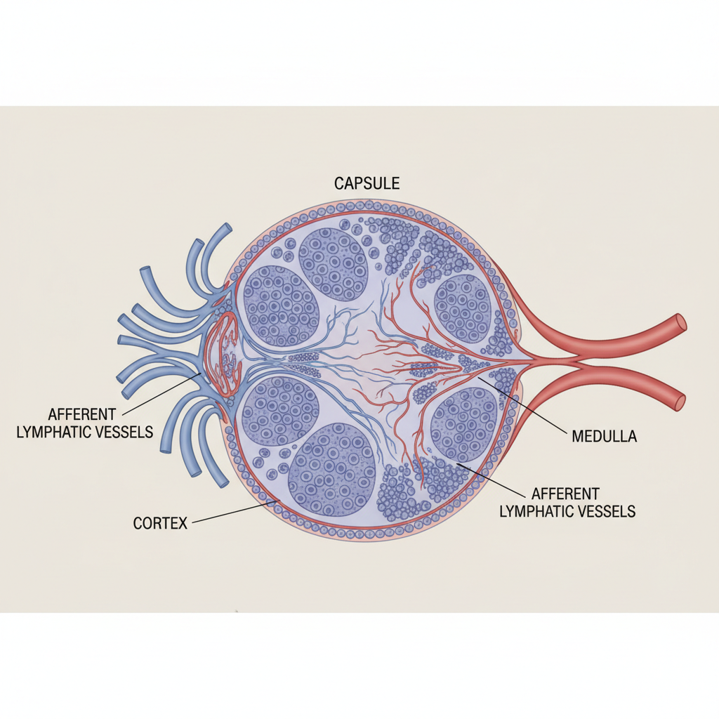 Detailed textbook cross-section diagram of a lymph node, labeled afferent efferent vessels, cortex, medulla, capsule