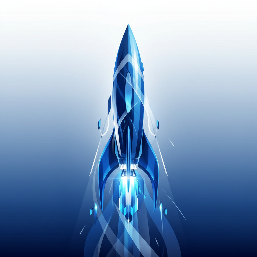 Abstract sleek rocket launch or upward trajectory arrow, symbolizing project launch and progress, Air France KLM colors, corporate blue style