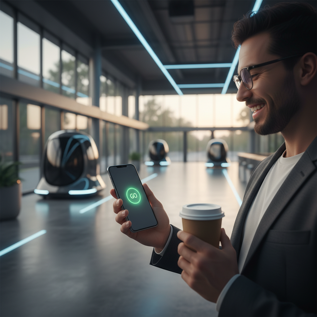 Close up photo of a happy smartphone user looking at screen, holding a coffee, standing in a modern transit hub terminal. Screen reflects a simple 'GO' button.
