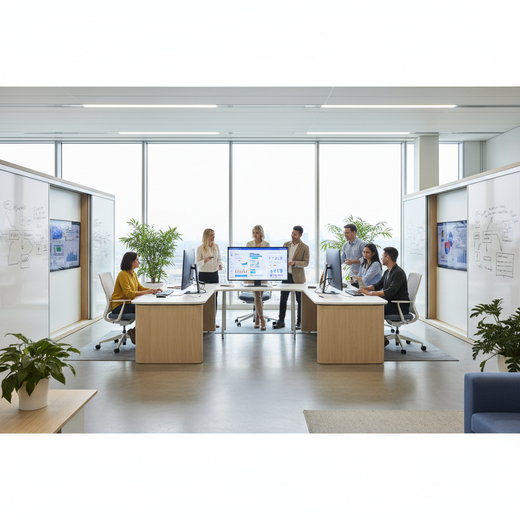 modern bright office open space with diverse team collaborating on digital screens, professional photography, high quality