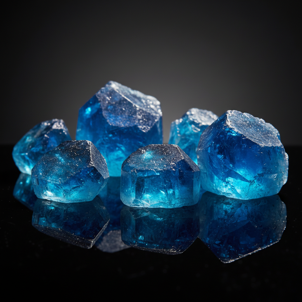 Macro photography of large vibrant blue copper sulfate crystals on a reflective black surface, studio lighting, sharp details
