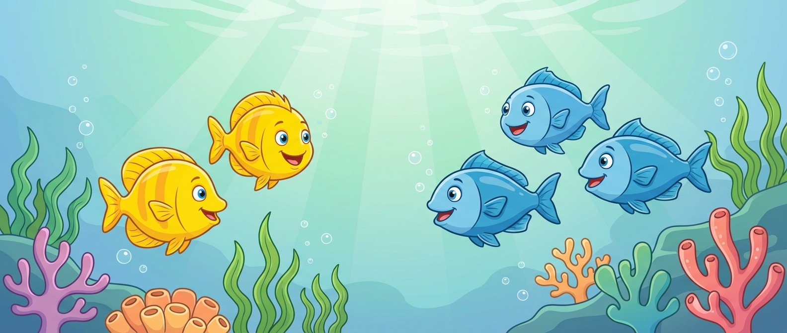 Cartoon illustration showing 2 yellow fish on the left and 3 blue fish on the right swimming together, underwater theme