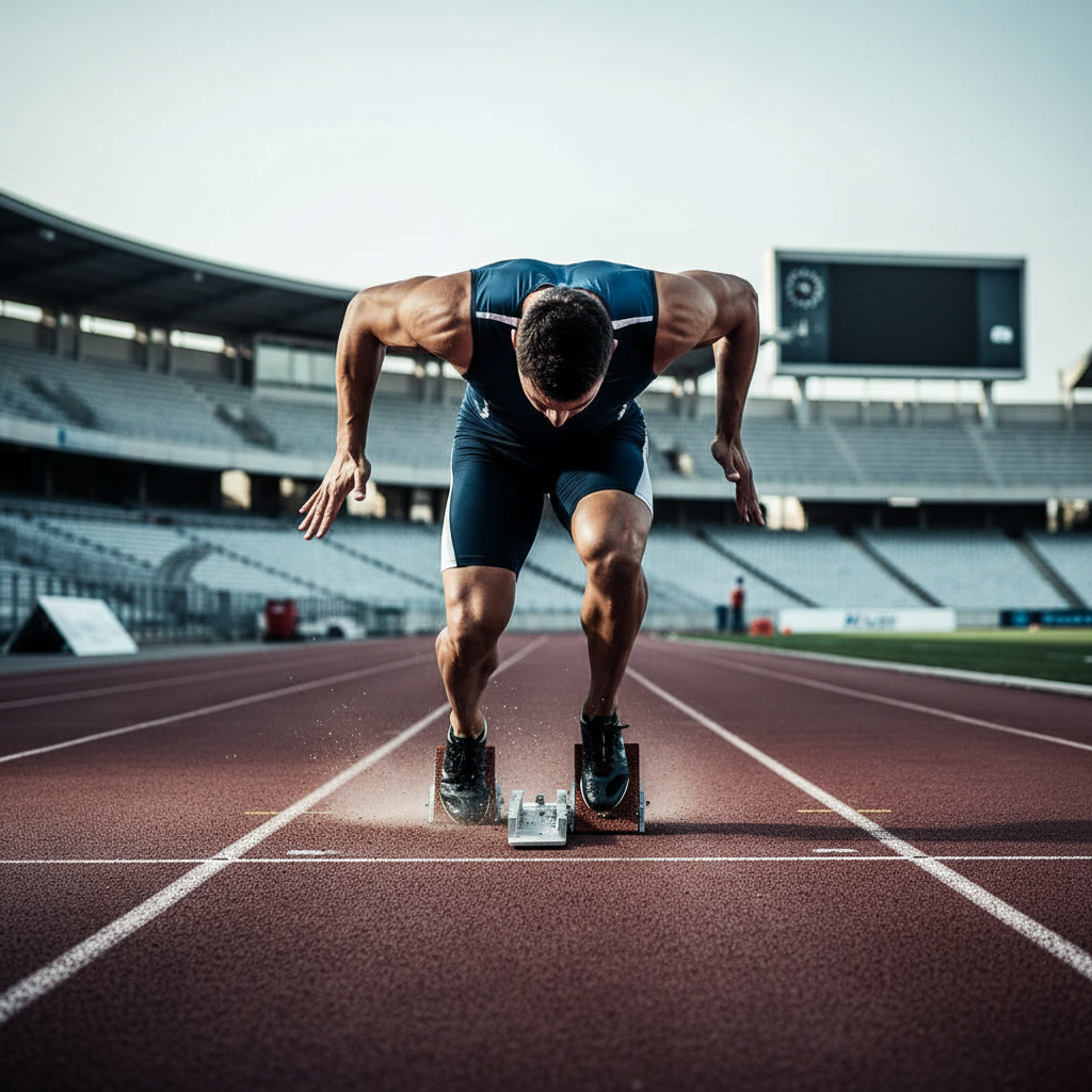 Cinematic shot of a sprinting track athlete starting blocks, neutral lighting, professional sports photography, high contrast