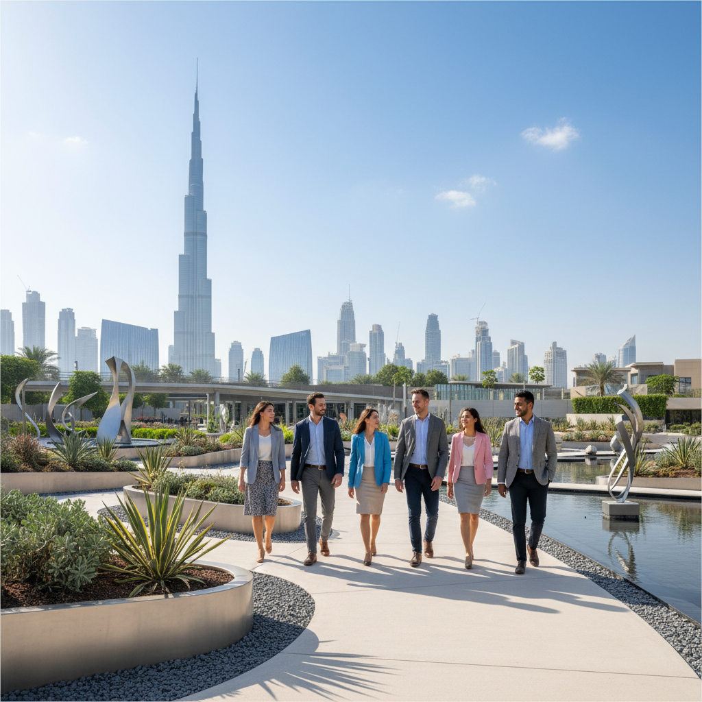 Friendly diverse group of people walking in a modern Dubai park, sunny day, Burj Khalifa in far background, casual business attire