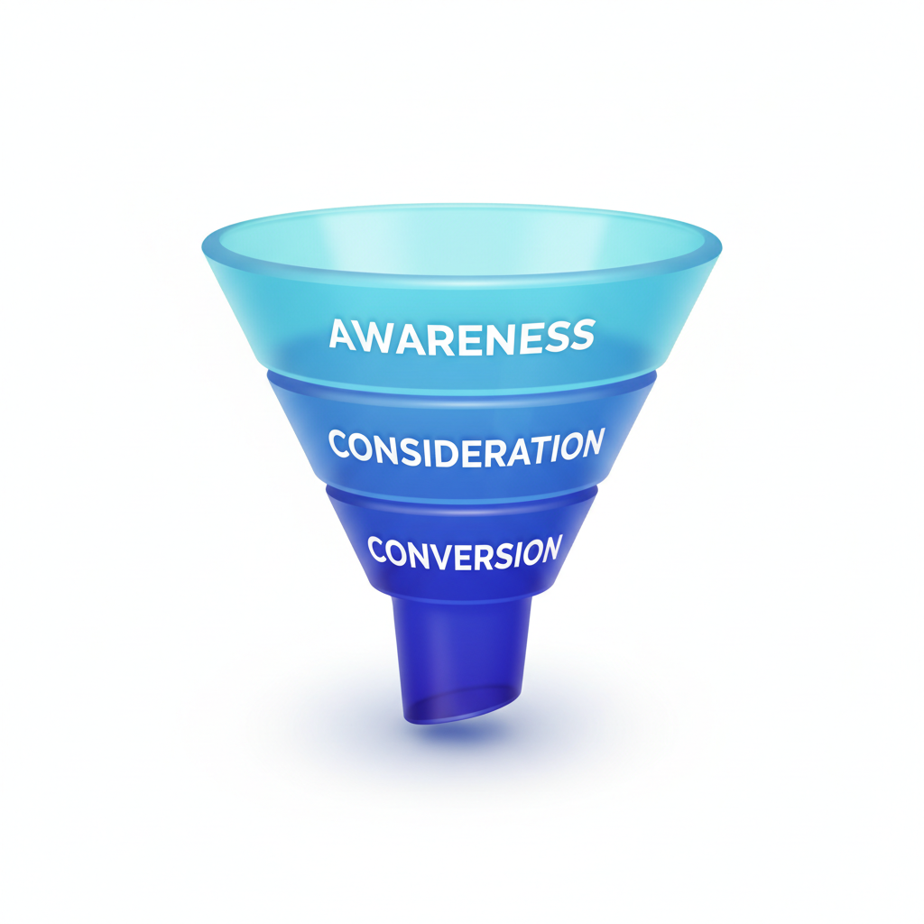 marketing funnel 3D illustration glassmorphism style, blue scale colors, stages labeled Awareness, Consideration, Conversion, white background, high quality
