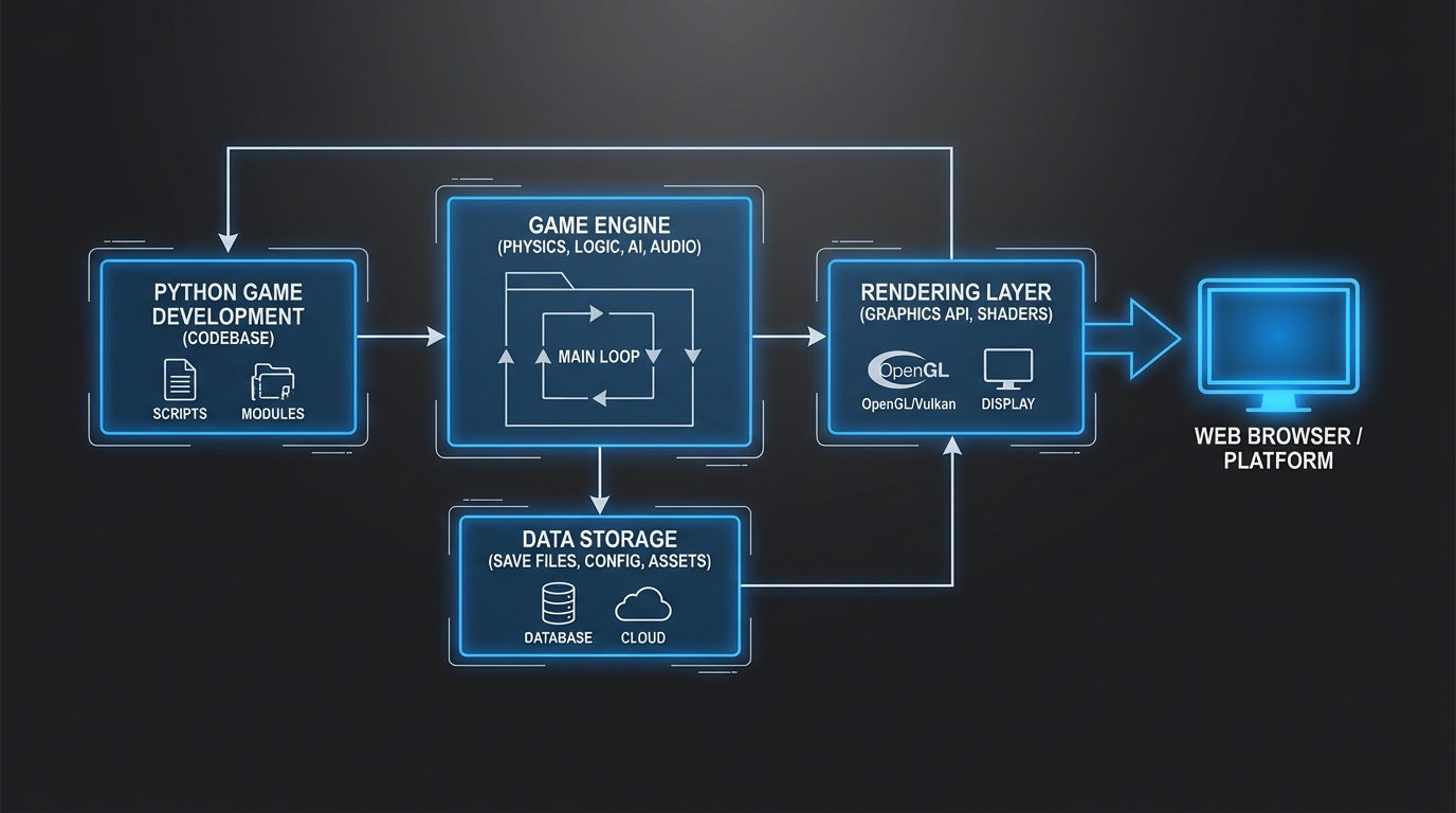 diagram showing separation of game engine, rendering layer, and data storage for a python game, dark mode schematic style