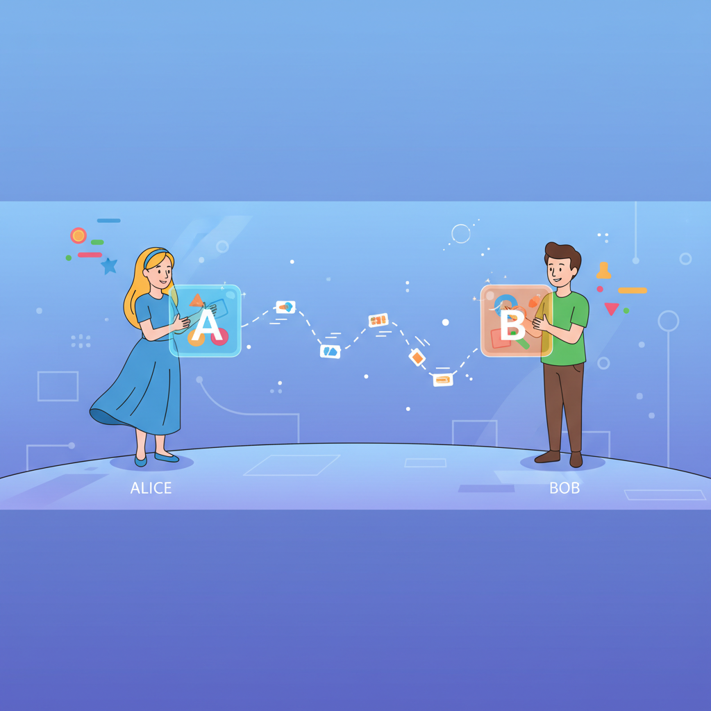 Two cartoon figures, Alice and Bob, standing far apart. Alice holds a set A, Bob holds a set B. A wire connects them representing communication.