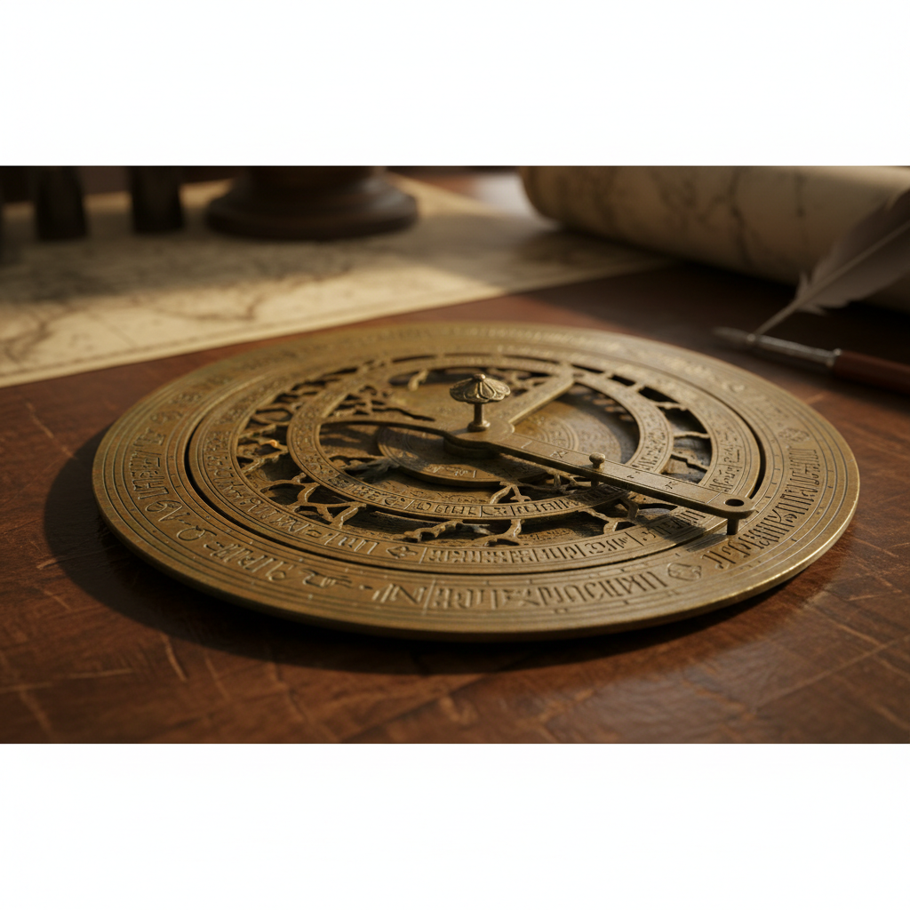 Ancient bronze astrolabe on a wooden table, close up, photorealistic classical style