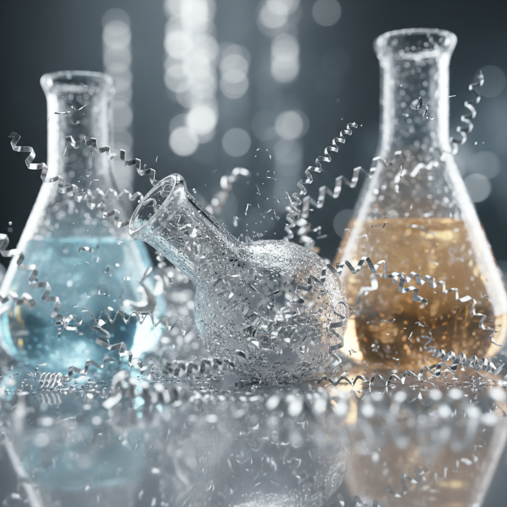 artistic macro shot of aluminum metal shavings and chemistry glassware, 3d render, hyperrealistic, depth of field