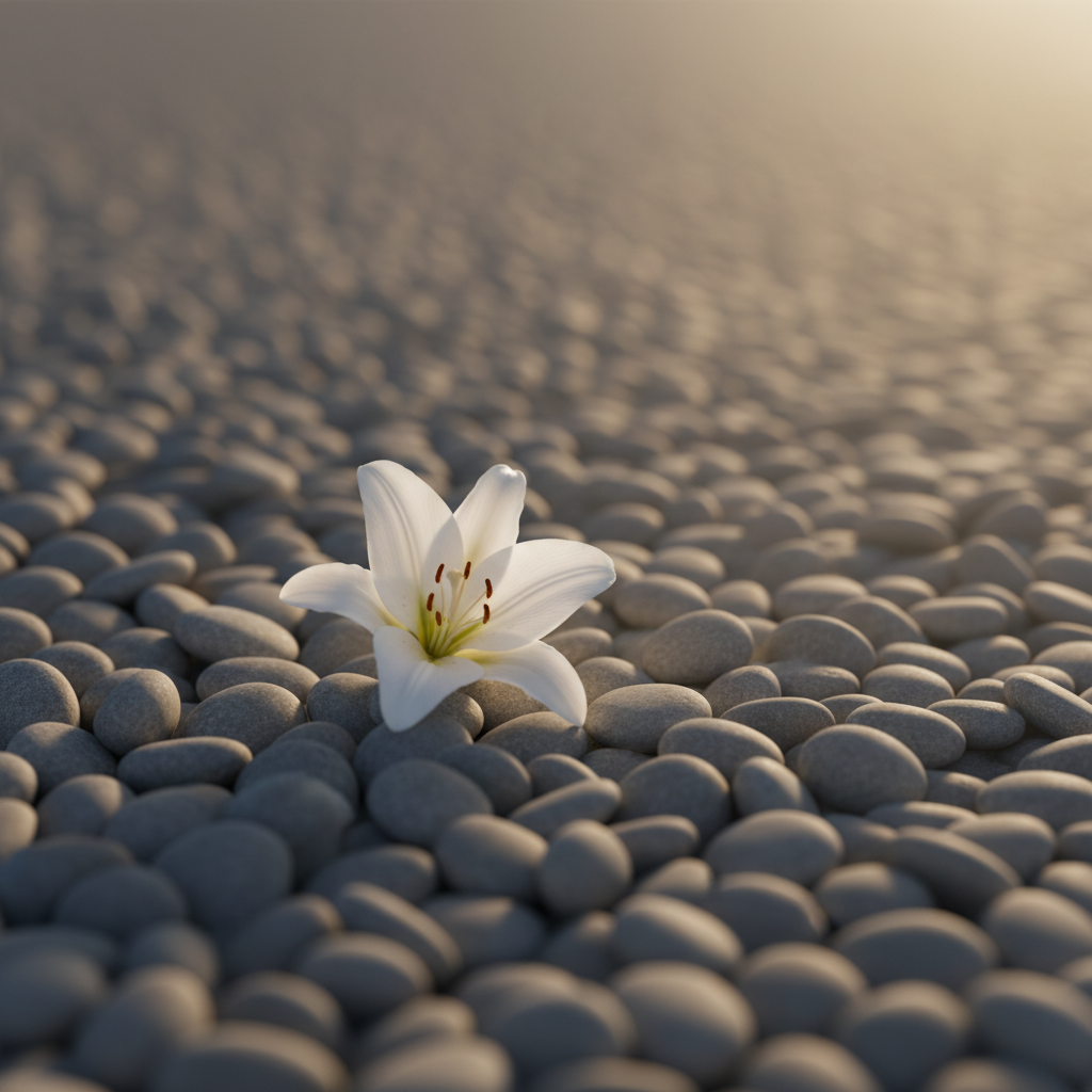 a single white lily flower distinctively blooming in a field of gray pebbles, cinematic lighting, selective focus, resilience metaphor