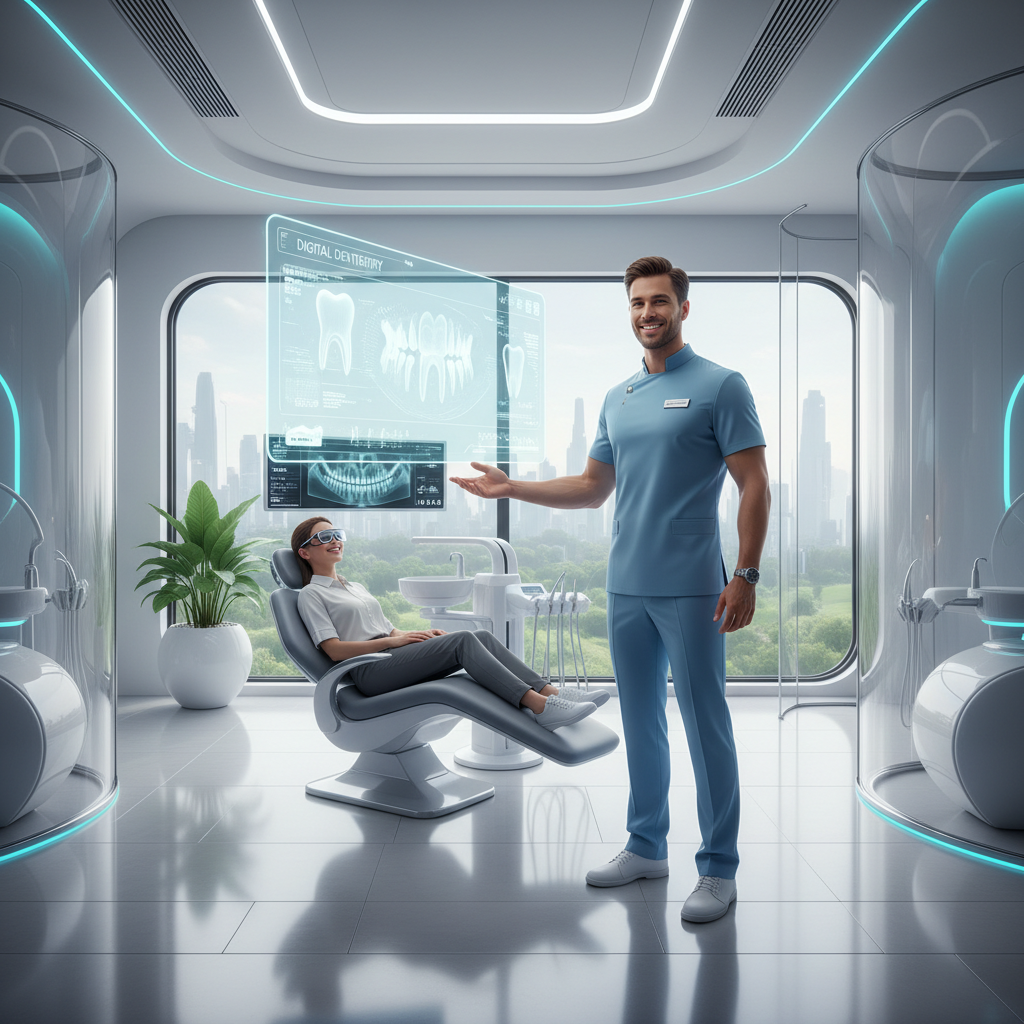 Futuristic modern dental clinic with happy doctor and digital interface overlay, bright, optimistic, professional photography style, high resolution