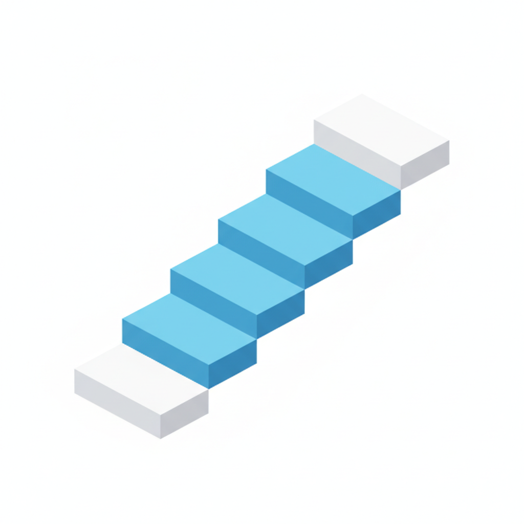 Isometric 3D diagram showing 5 connecting stairsteps rising upward, white and blue minimalist style, no text labels