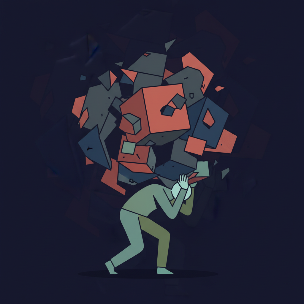 Conceptual illustration of a person carrying a heavy abstract geometric shape representing a burden, modern flat style, dark background