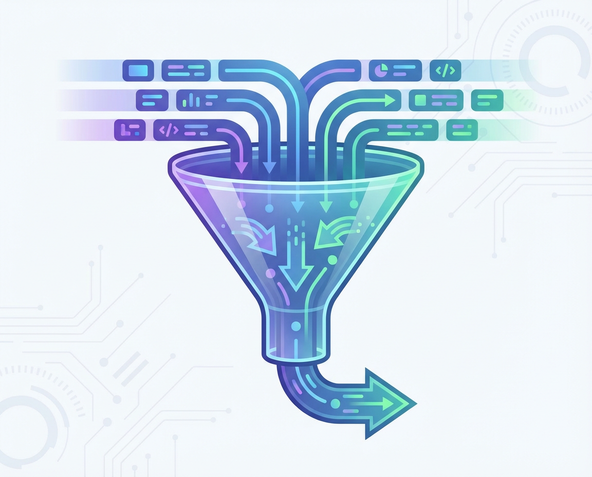 icon illustration of a funnel processing data rows, modern UI style
