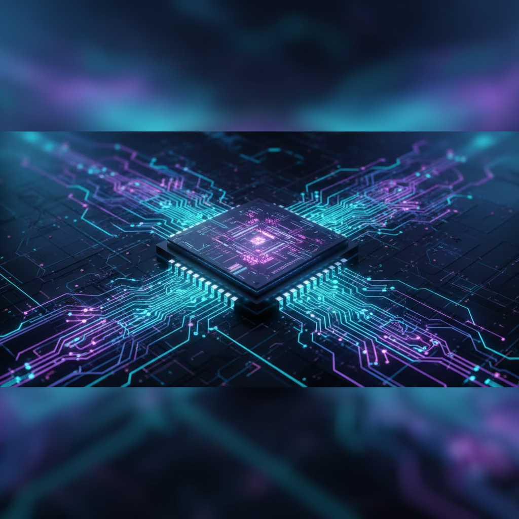 microchip processor glowing with neural network connections, AI concept art, cyan and purple lights, sleek high tech composition