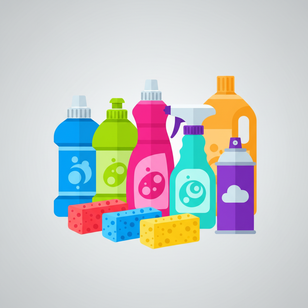 collection of colorful household cleaning bottles, sponges, and sprays, flat design icon style