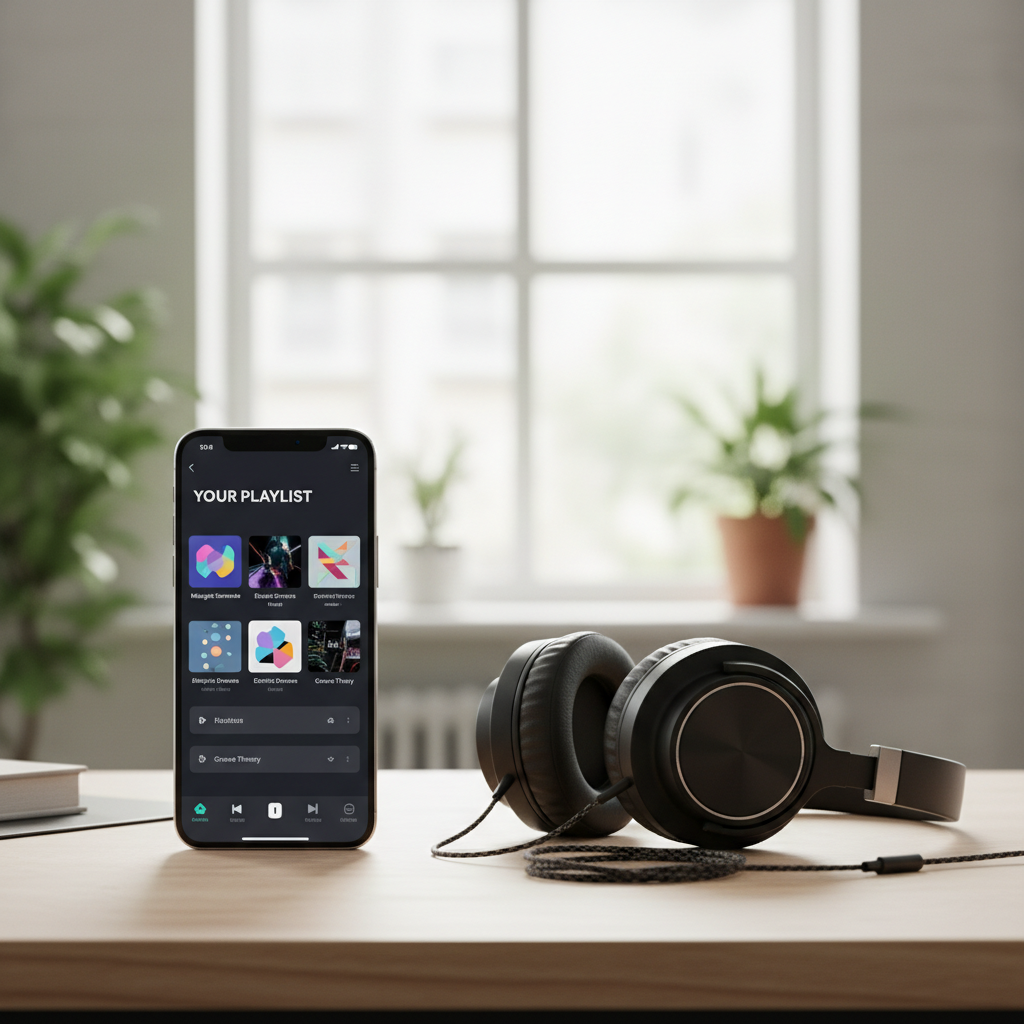 smartphone displaying a music playlist interface next to headphones on a desk